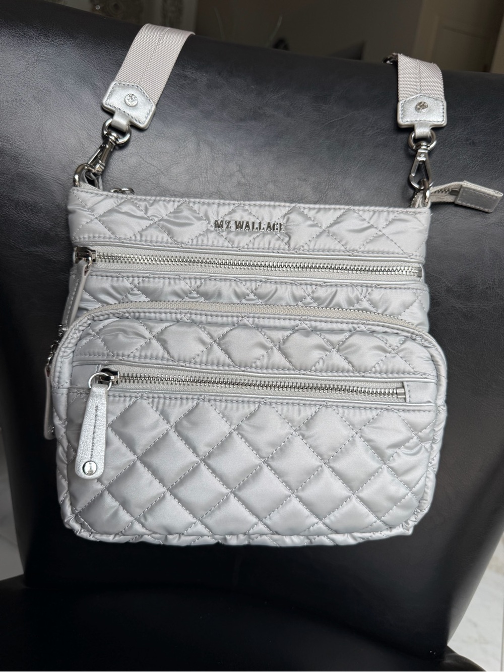 MZ Wallace Quilted Crossbody in Light Gray/Silver Hardware